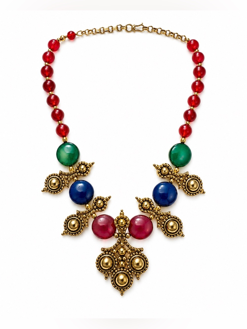 Vintage Multicolor Lucite Bead Statement Necklace Gold Tone Bib Boho Art Deco